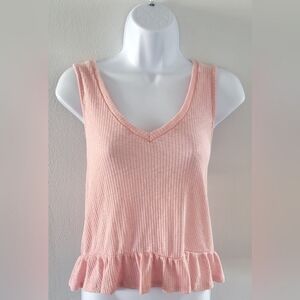 Antistar Peplum Ruffle Textured Sleevless Tank Top V-neck Fairy Pink L